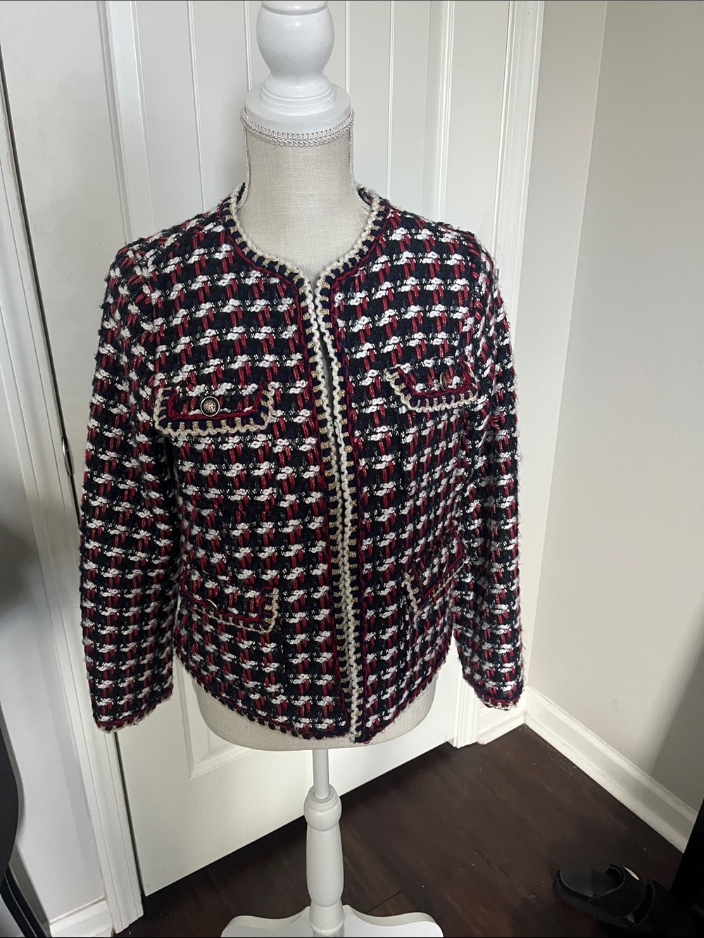 Zara Black, Red & White Tweed Crewneck Jacket